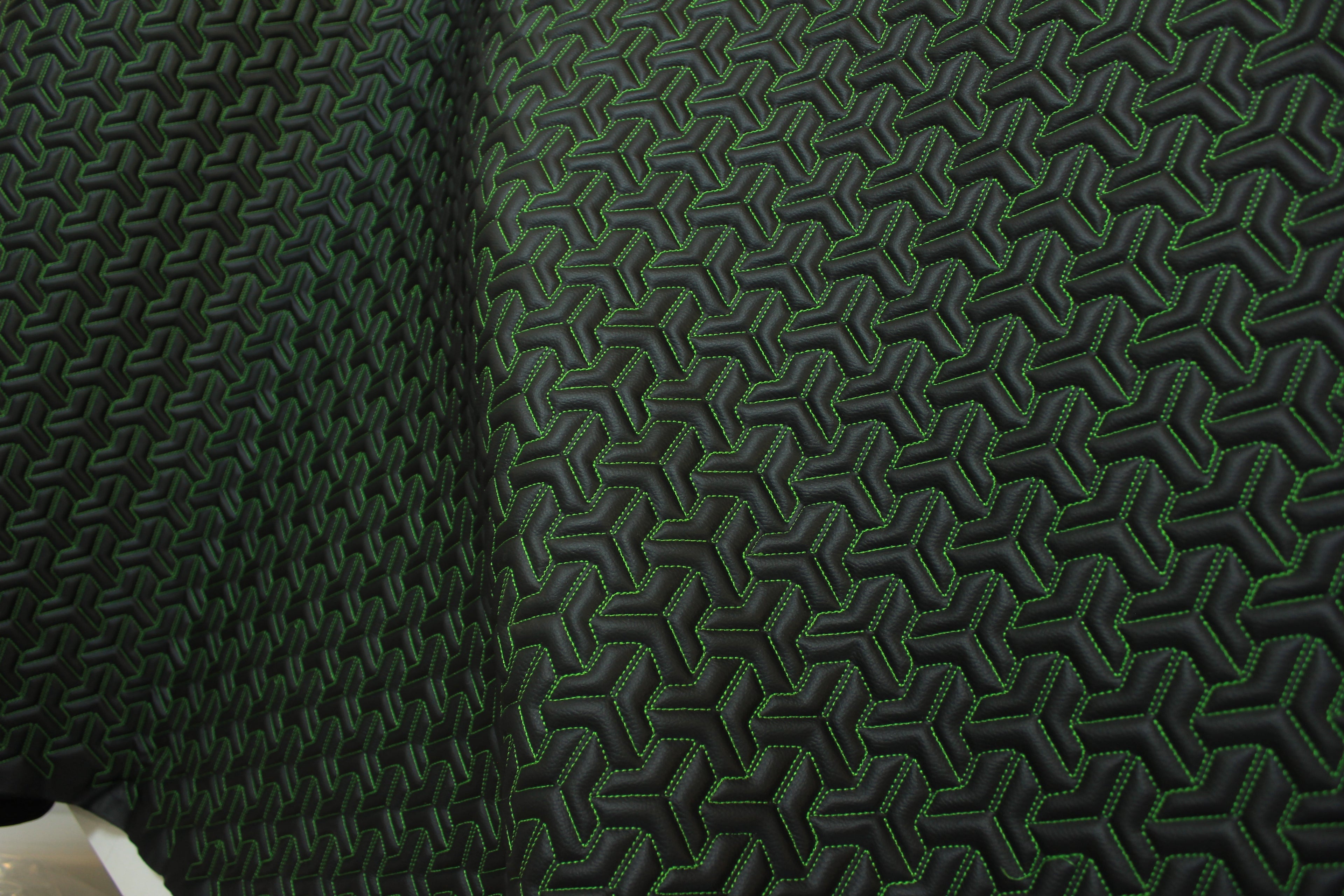 Trio Triangle Green Quilted Faux Leather Upholstery Fabric | Foam Backing | Automotive, Marine, Furniture | 140cm (55.1") Wide Mercedes - BMW - VW