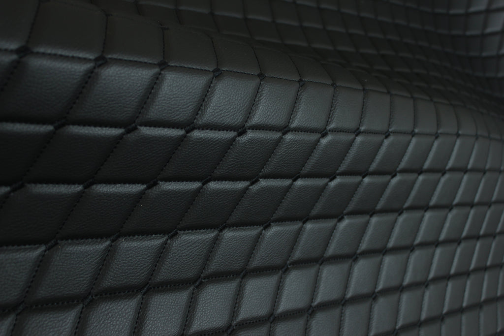 Black Quilted Black Vinyl Grain Faux Leather Car Upholstery Fabric | 2"x3" - 5x8cm Big Diamond Stitch with Foam | 140cm & 55.1" Wide | Artificial Leather