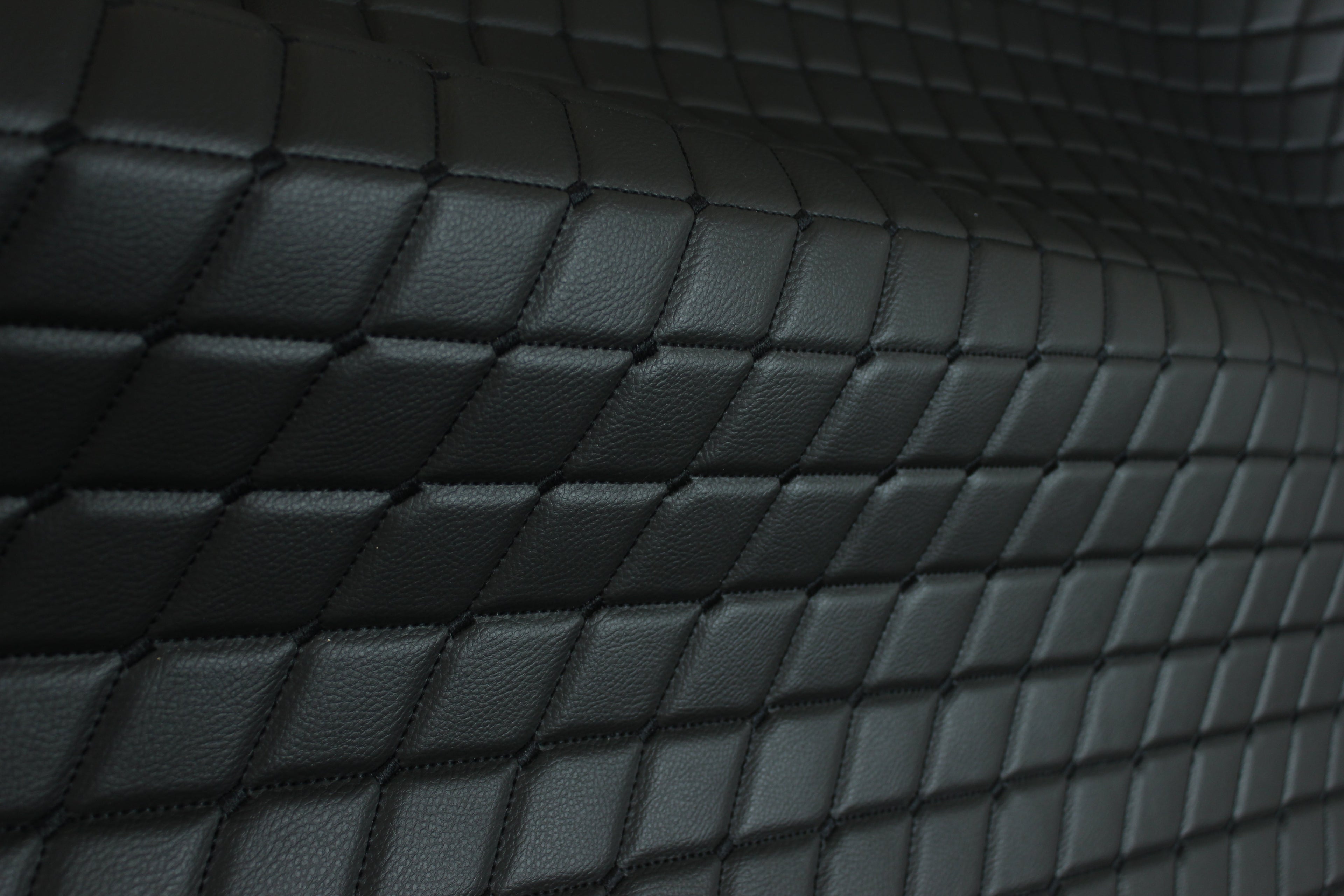 Black Quilted Black Vinyl Grain Faux Leather Car Upholstery Fabric | 2"x3" - 5x8cm Big Diamond Stitch with Foam | 140cm & 55.1" Wide | Artificial Leather