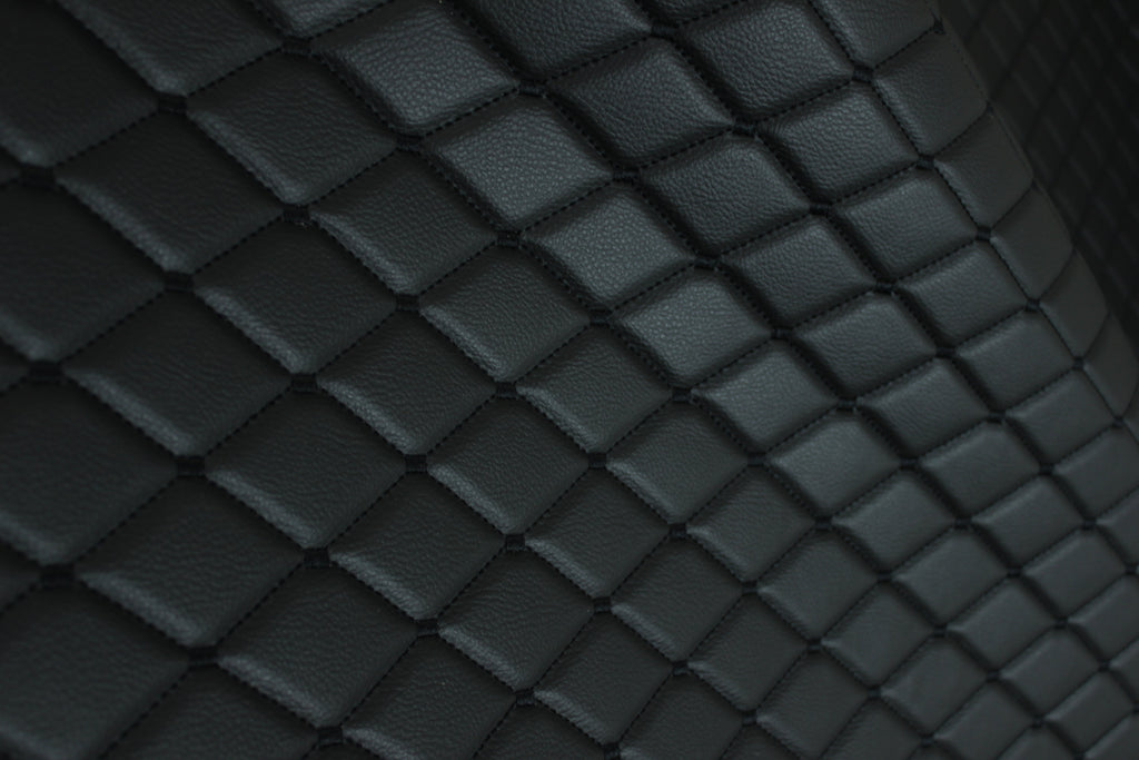 Black Quilted Black Vinyl Grain Faux Leather Car Upholstery Fabric | 2"x3" - 5x8cm Big Diamond Stitch with Foam | 140cm & 55.1" Wide | Artificial Leather
