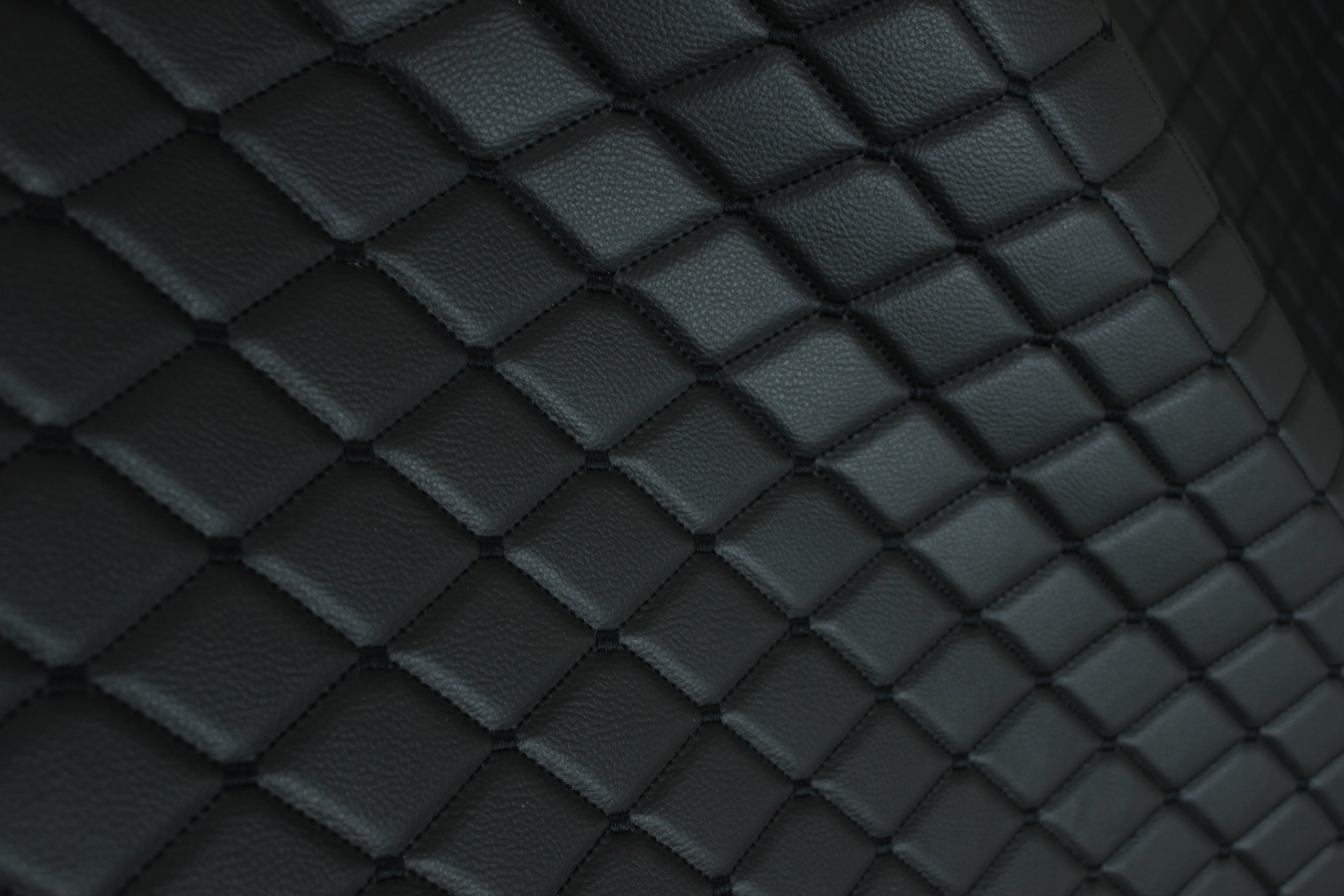 Black Quilted Black Vinyl Grain Faux Leather Car Upholstery Fabric | 2"x3" - 5x8cm Big Diamond Stitch with Foam | 140cm & 55.1" Wide | Artificial Leather