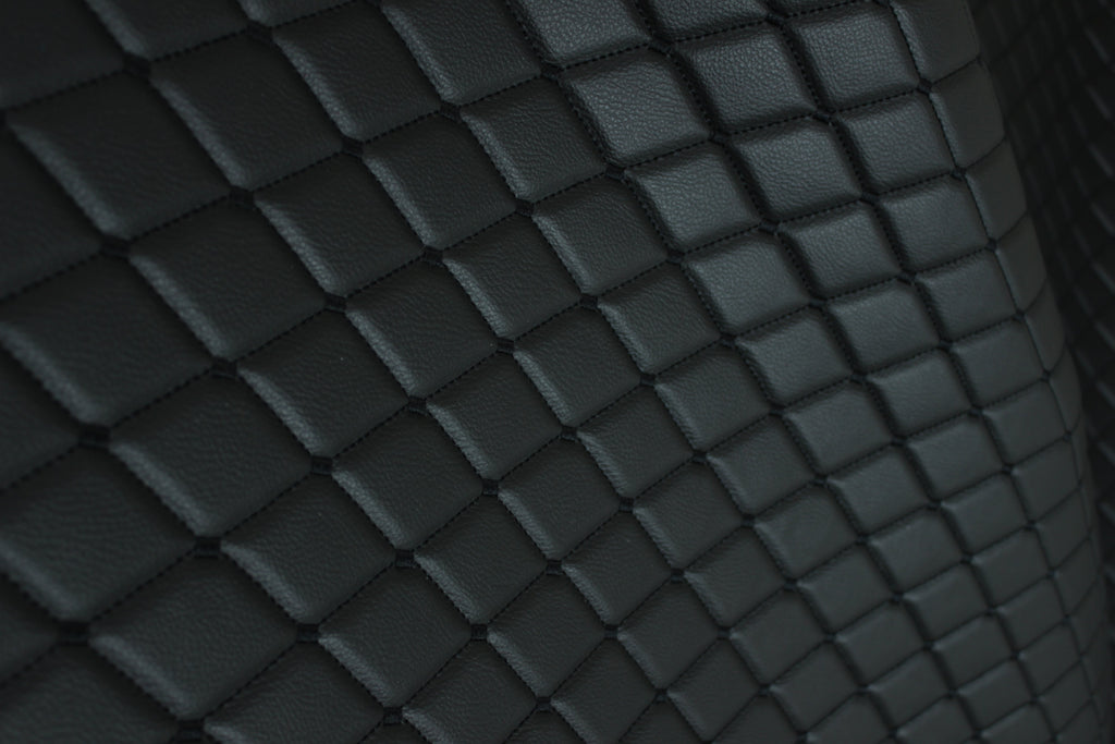 Black Quilted Black Vinyl Grain Faux Leather Car Upholstery Fabric | 2"x3" - 5x8cm Big Diamond Stitch with Foam | 140cm & 55.1" Wide | Artificial Leather