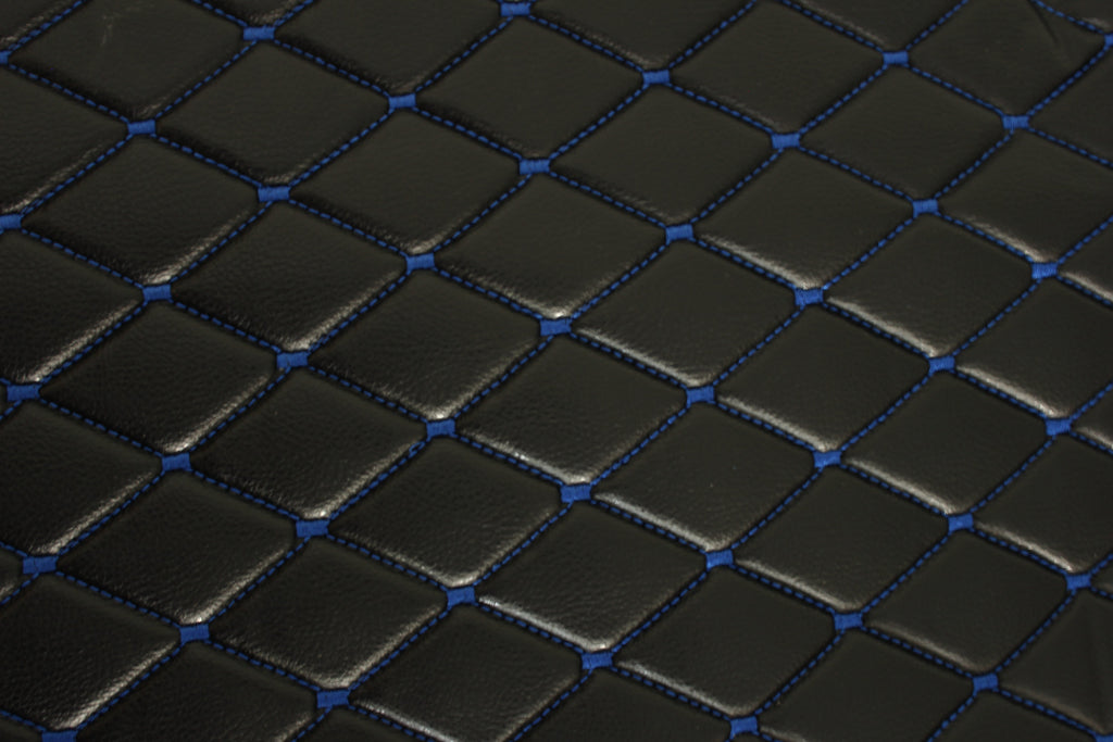 Blue Quilted Black Vinyl Grain Faux Leather Car Upholstery Fabric | 2"x3" - 5x8cm Diamond Stitch with Foam | 140cm & 55.1" Wide | Artificial Leather
