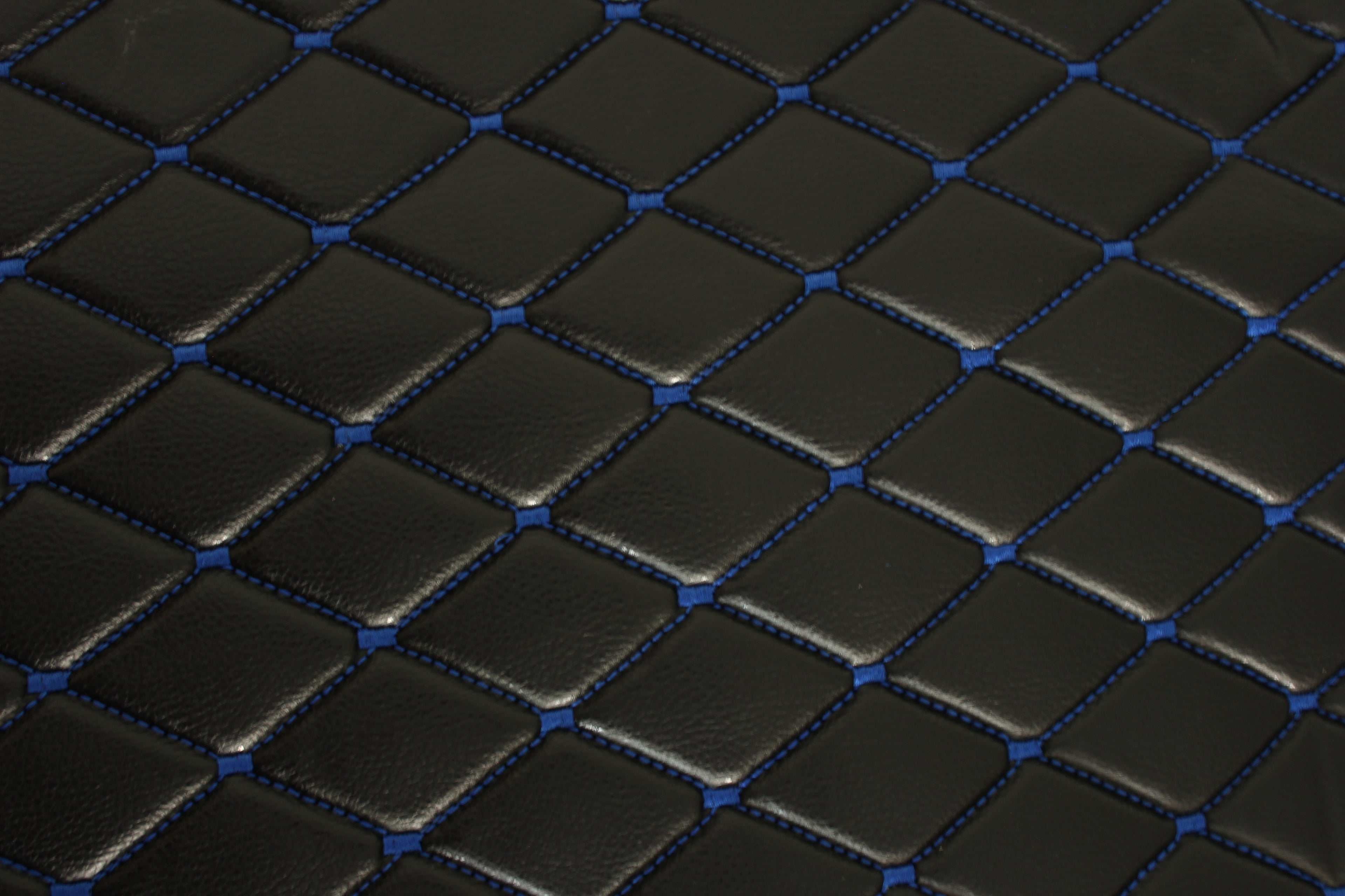Blue Quilted Black Vinyl Grain Faux Leather Car Upholstery Fabric | 2"x3" - 5x8cm Diamond Stitch with Foam | 140cm & 55.1" Wide | Artificial Leather