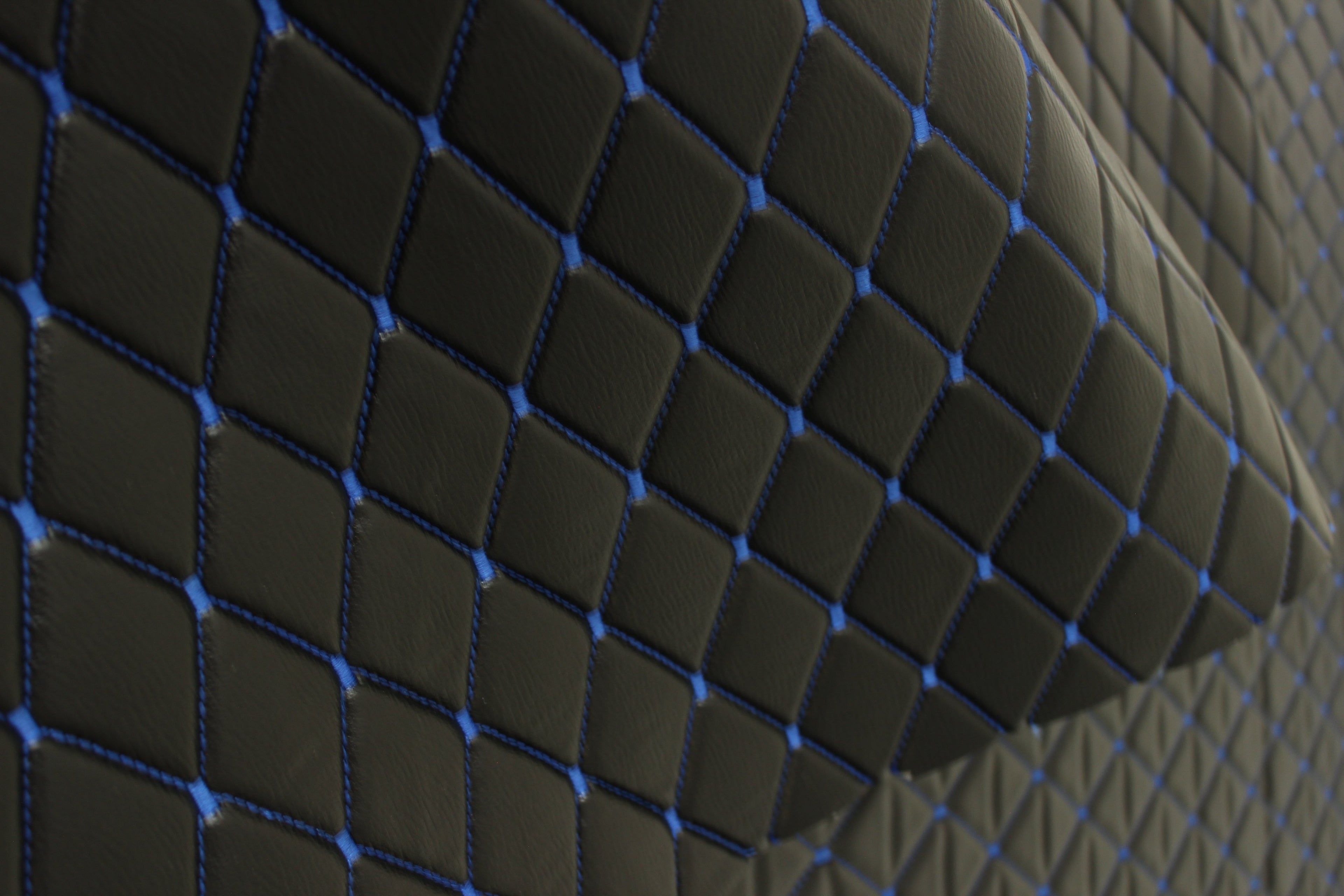 Blue Quilted Black Vinyl Grain Faux Leather Car Upholstery Fabric | 2"x3" - 5x8cm Diamond Stitch with Foam | 140cm & 55.1" Wide | Artificial Leather