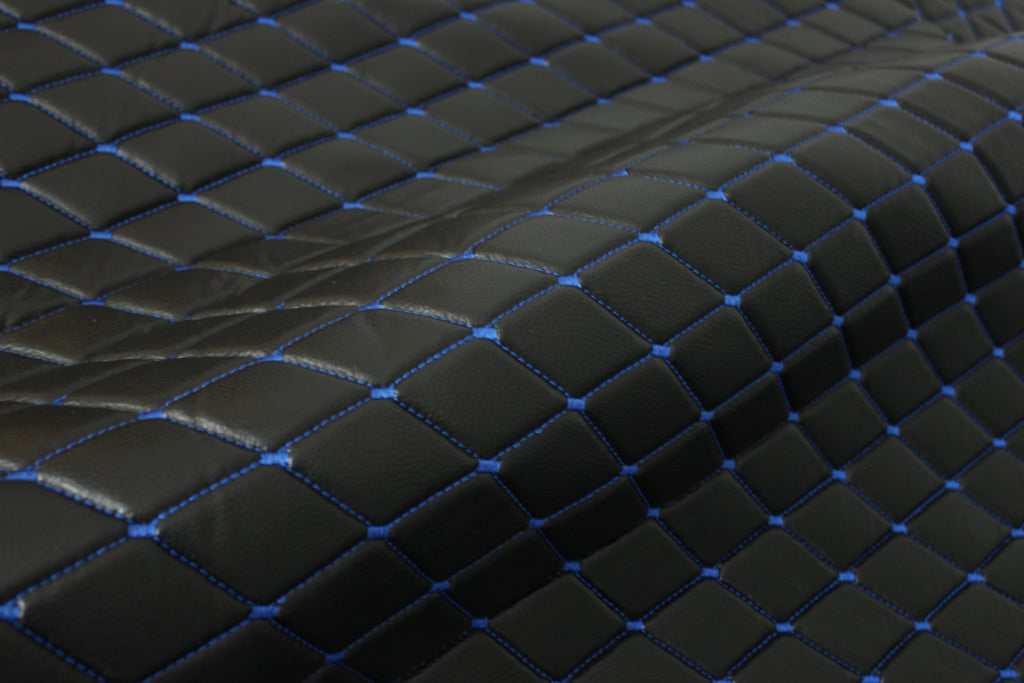 Blue Quilted Black Vinyl Grain Faux Leather Car Upholstery Fabric | 2"x3" - 5x8cm Diamond Stitch with Foam | 140cm & 55.1" Wide | Artificial Leather