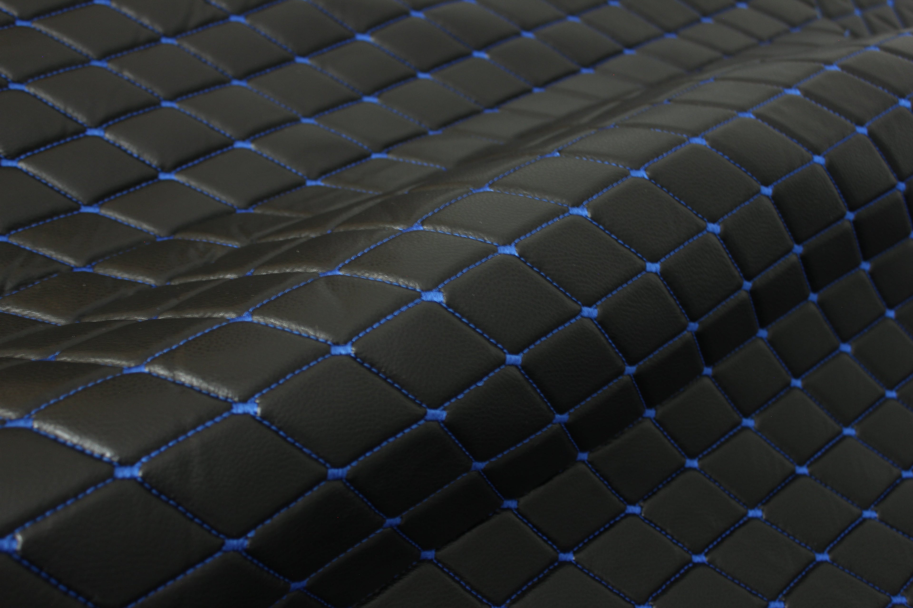 Blue Quilted Black Vinyl Grain Faux Leather Car Upholstery Fabric | 2"x3" - 5x8cm Diamond Stitch with Foam | 140cm & 55.1" Wide | Artificial Leather