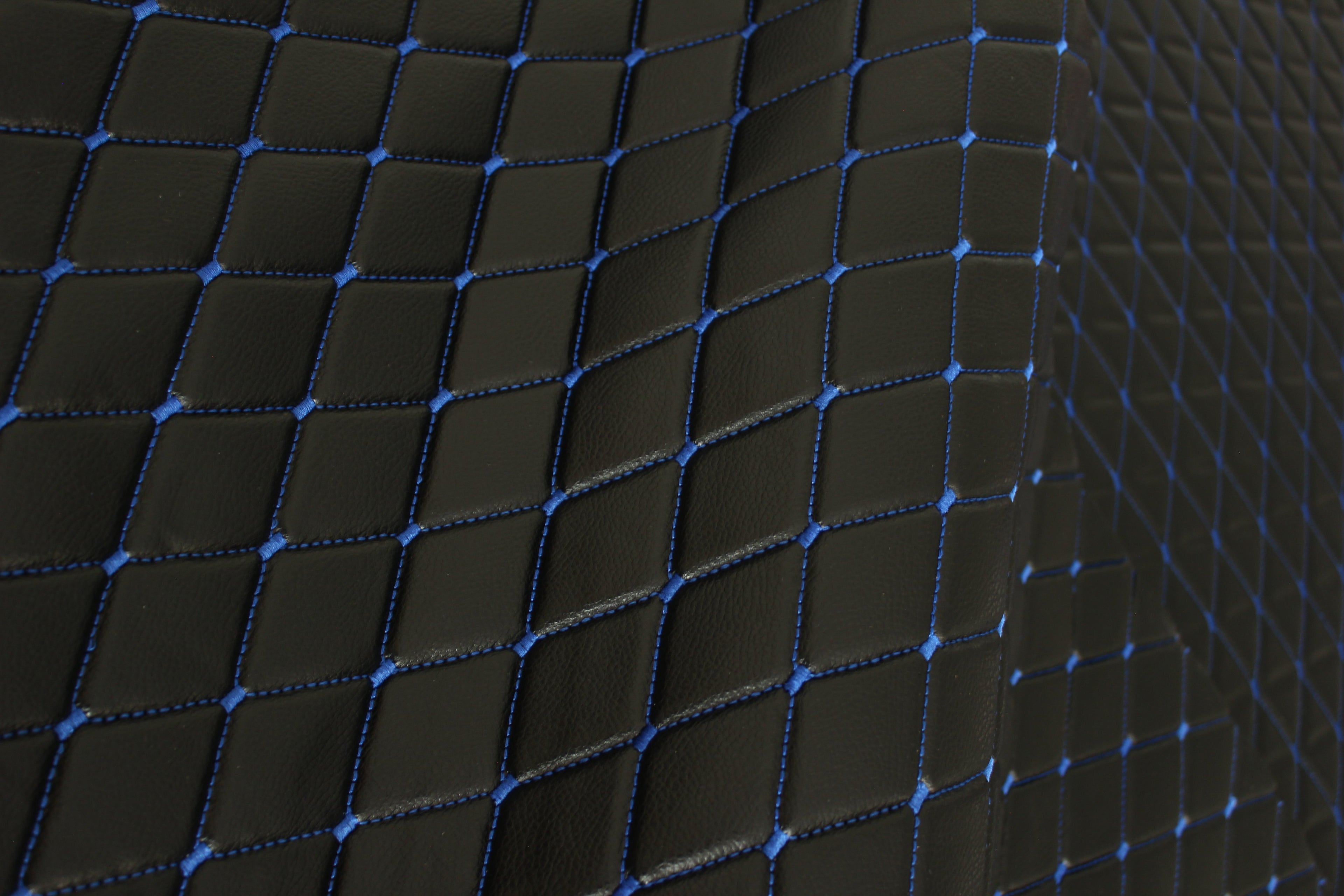 Blue Quilted Black Vinyl Grain Faux Leather Car Upholstery Fabric | 2"x3" - 5x8cm Diamond Stitch with Foam | 140cm & 55.1" Wide | Artificial Leather