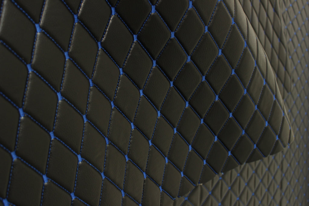 Blue Quilted Black Vinyl Grain Faux Leather Car Upholstery Fabric | 2"x3" - 5x8cm Diamond Stitch with Foam | 140cm & 55.1" Wide | Artificial Leather
