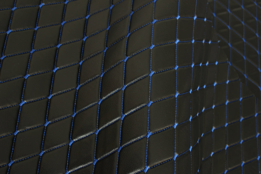 Blue Quilted Black Vinyl Grain Faux Leather Car Upholstery Fabric | 2"x3" - 5x8cm Diamond Stitch with Foam | 140cm & 55.1" Wide | Artificial Leather