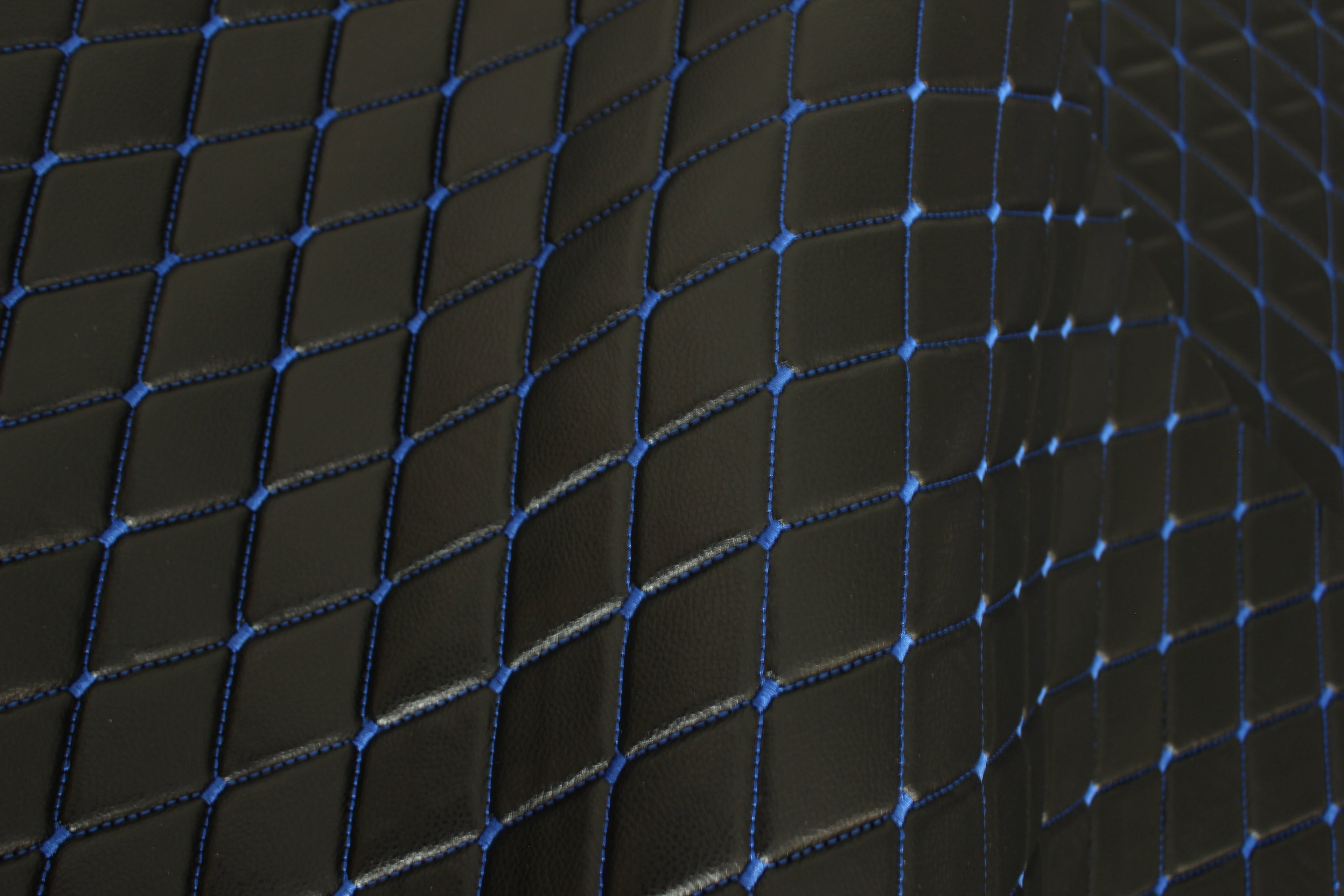 Blue Quilted Black Vinyl Grain Faux Leather Car Upholstery Fabric | 2"x3" - 5x8cm Diamond Stitch with Foam | 140cm & 55.1" Wide | Artificial Leather