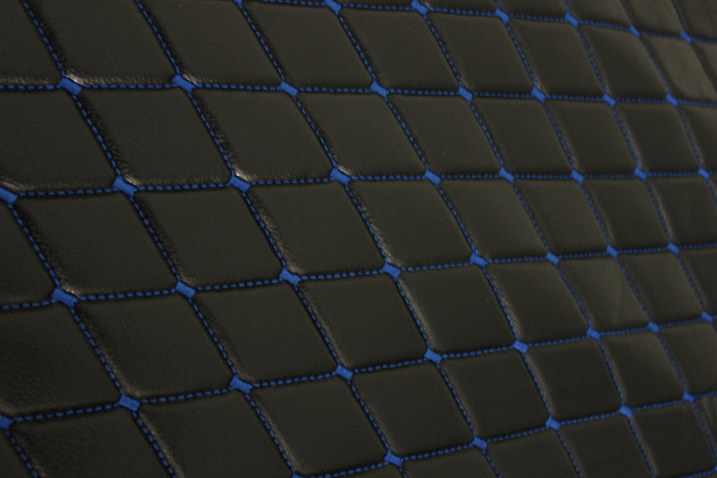 Blue Quilted Black Vinyl Grain Faux Leather Car Upholstery Fabric | 2"x3" - 5x8cm Diamond Stitch with Foam | 140cm & 55.1" Wide | Artificial Leather