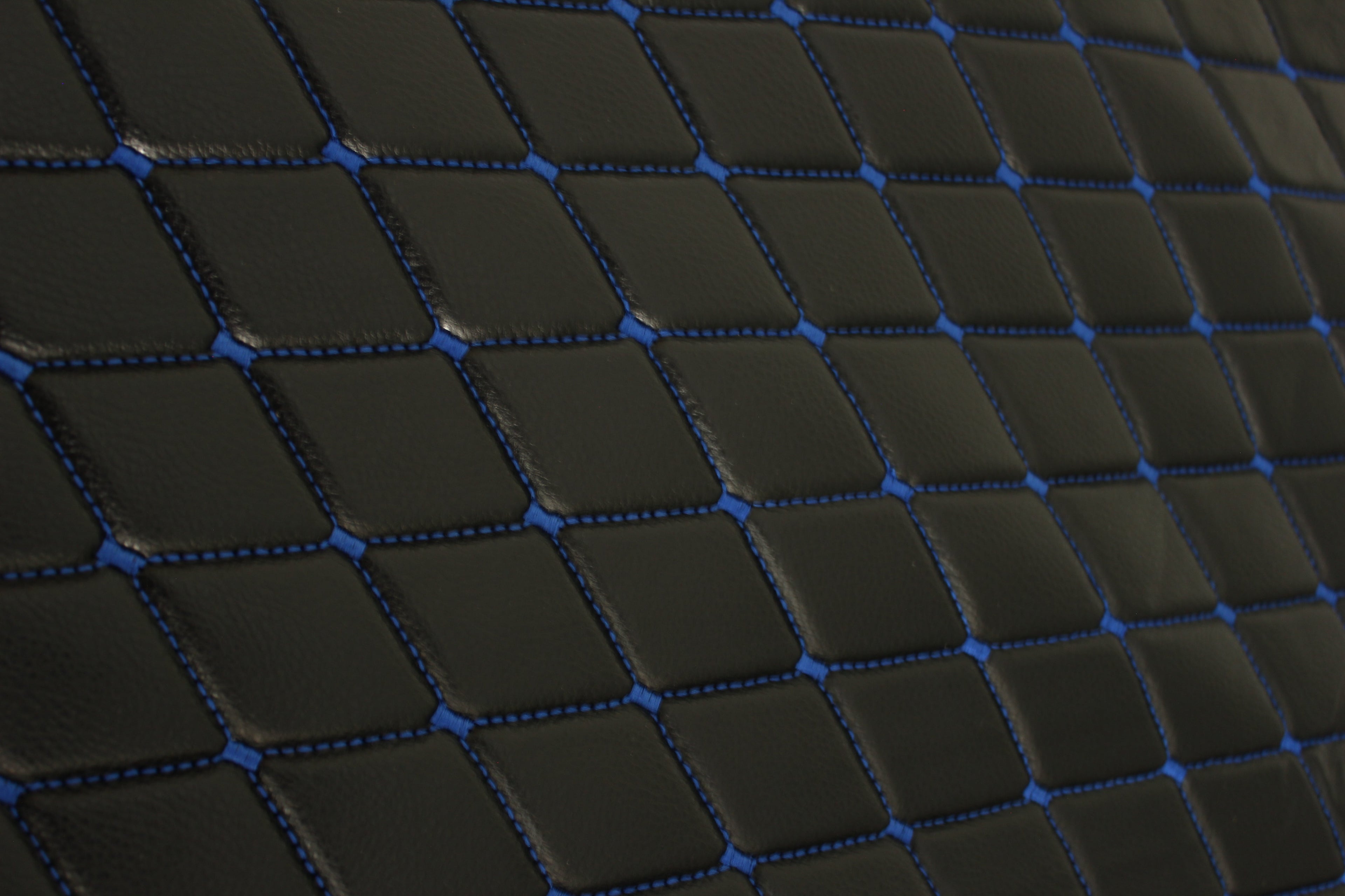 Blue Quilted Black Vinyl Grain Faux Leather Car Upholstery Fabric | 2"x3" - 5x8cm Diamond Stitch with Foam | 140cm & 55.1" Wide | Artificial Leather