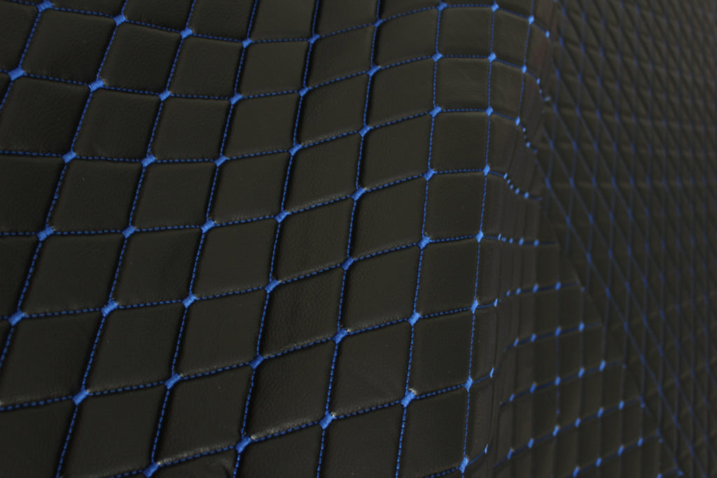 Blue Quilted Black Vinyl Grain Faux Leather Car Upholstery Fabric | 2"x3" - 5x8cm Diamond Stitch with Foam | 140cm & 55.1" Wide | Artificial Leather