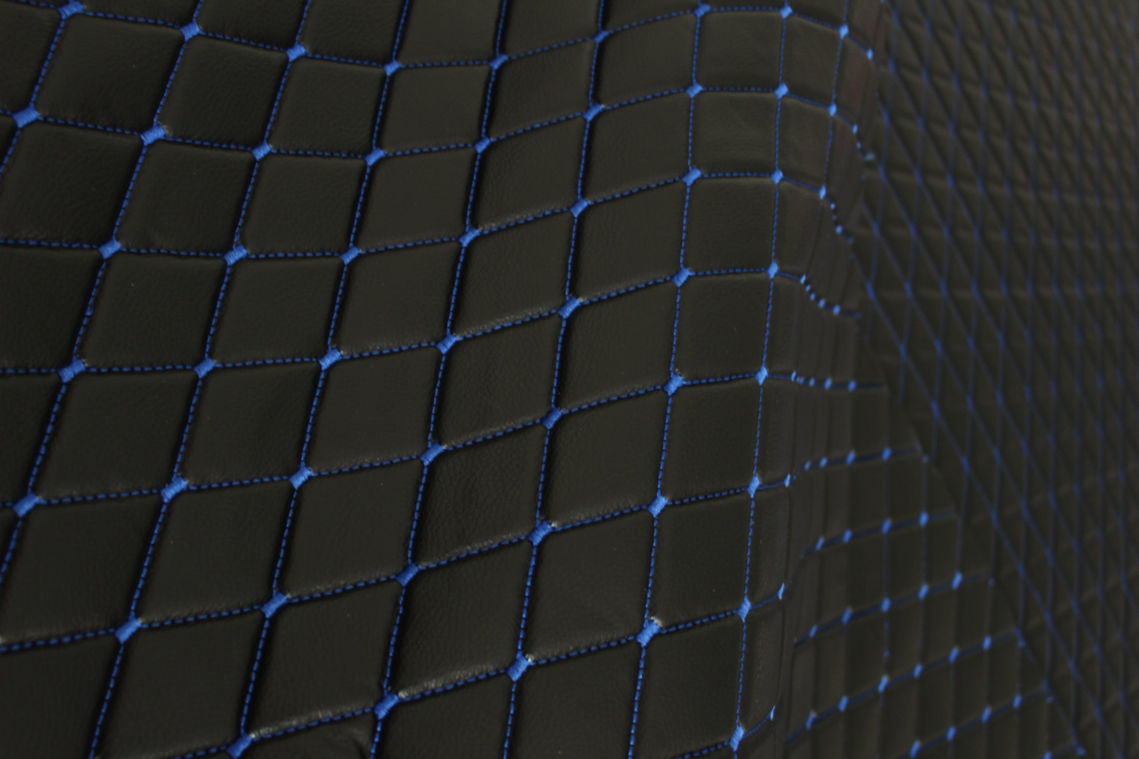 Blue Quilted Black Vinyl Grain Faux Leather Car Upholstery Fabric | 2"x3" - 5x8cm Diamond Stitch with Foam | 140cm & 55.1" Wide | Artificial Leather