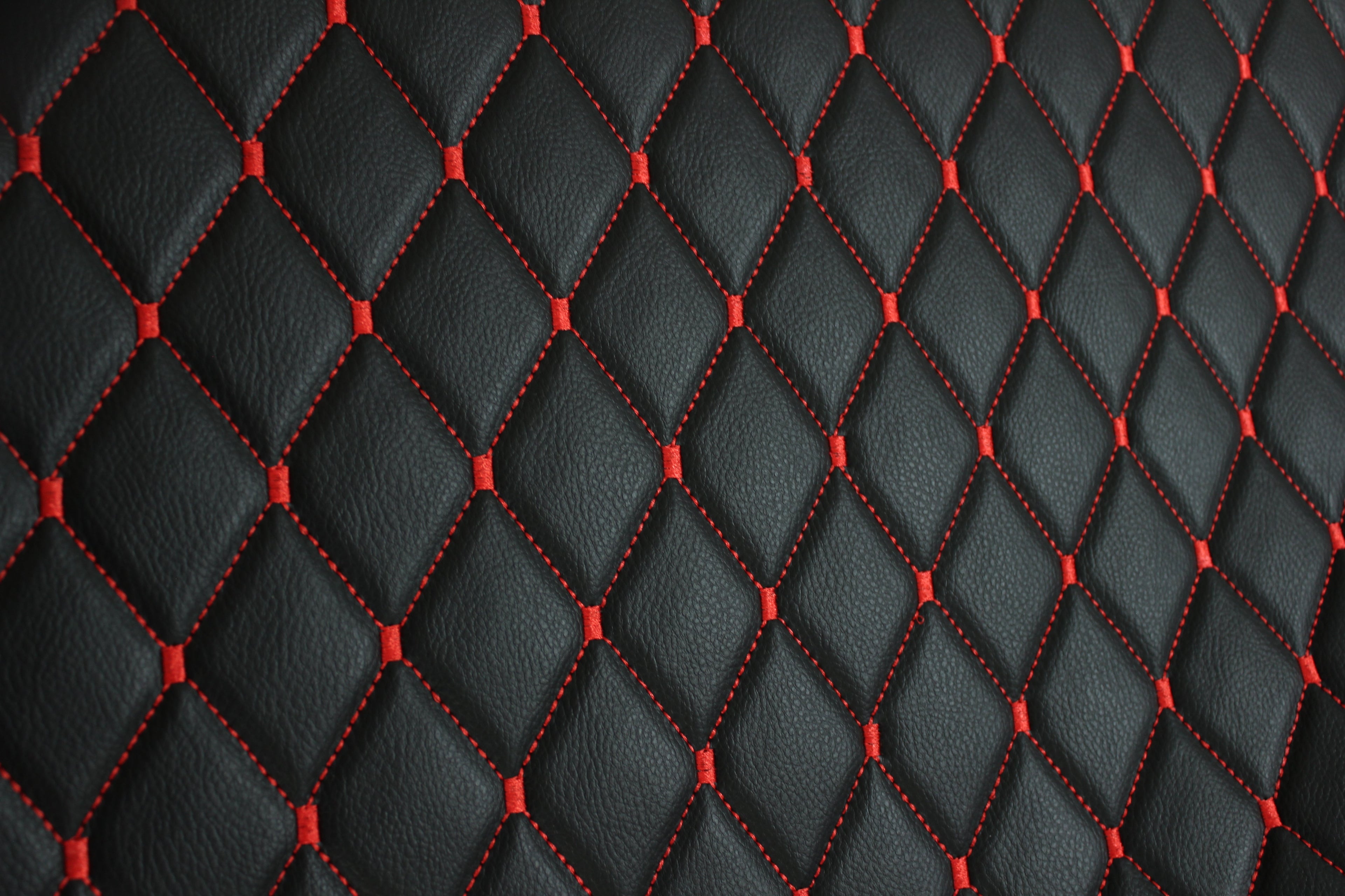 Red Quilted Black Vinyl Grain Faux Leather Car Upholstery Fabric | 2"x3" - 5x8cm Diamond Stitch with Foam | 140cm & 55.1" Wide | Artificial Leather
