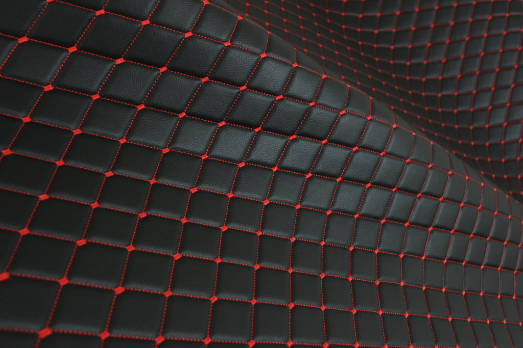 Red Quilted Black Vinyl Grain Faux Leather Car Upholstery Fabric | 2"x3" - 5x8cm Diamond Stitch with Foam | 140cm & 55.1" Wide | Artificial Leather