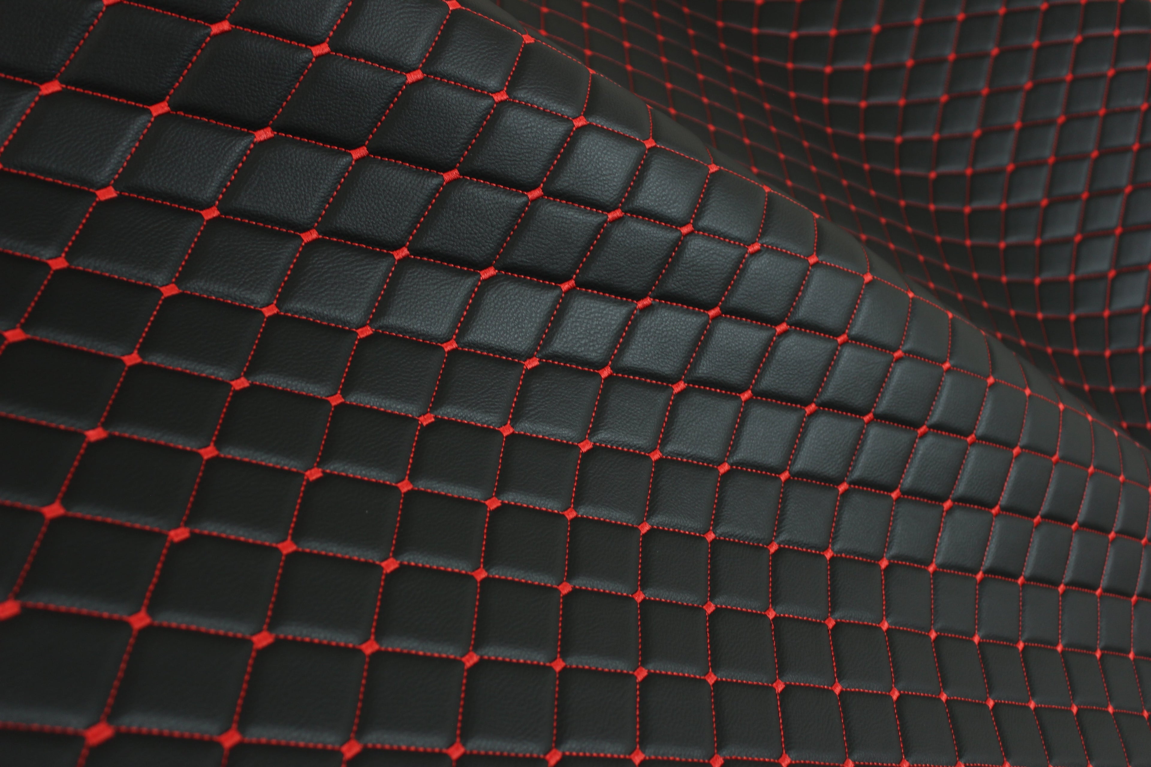Red Quilted Black Vinyl Grain Faux Leather Car Upholstery Fabric | 2"x3" - 5x8cm Diamond Stitch with Foam | 140cm & 55.1" Wide | Artificial Leather