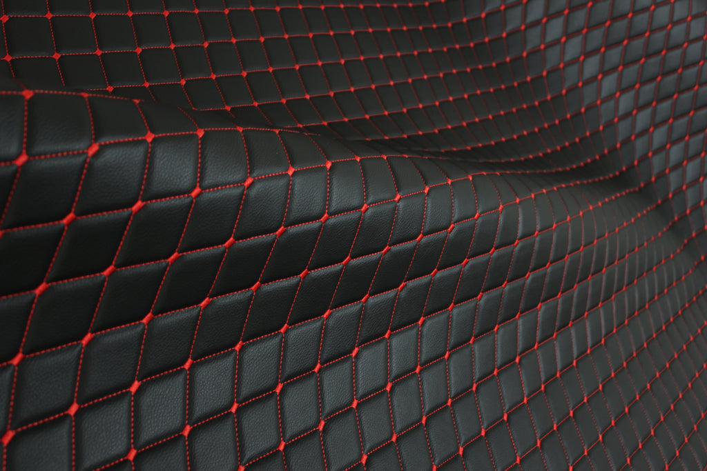 Red Quilted Black Vinyl Grain Faux Leather Car Upholstery Fabric | 2"x3" - 5x8cm Diamond Stitch with Foam | 140cm & 55.1" Wide | Artificial Leather
