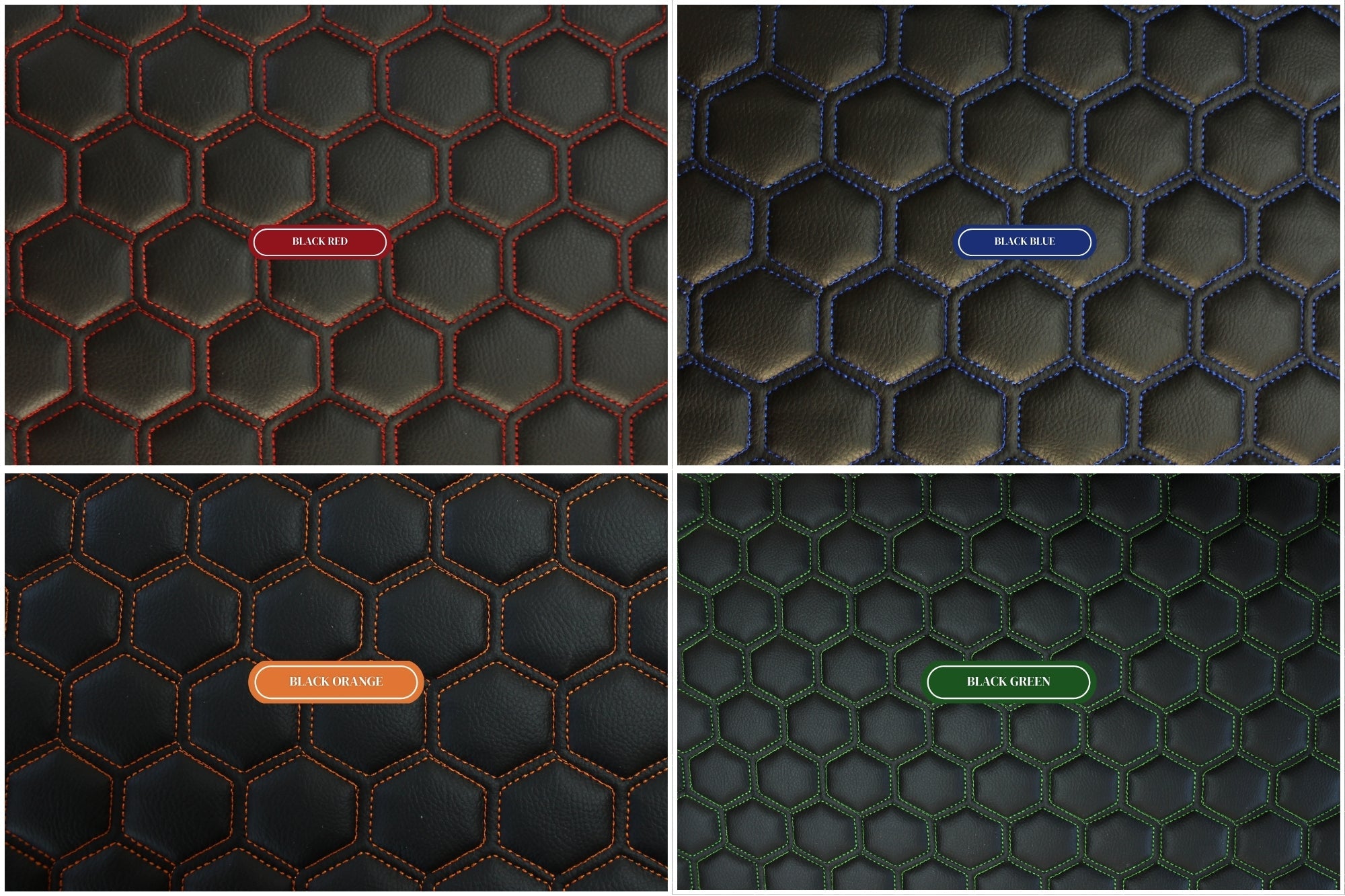 Blue Quilted Black Vinyl Faux Leather Car Upholstery Fabric | 2" x 5cm Hexagon Pattern Stitch with 5mm Foam Backing | 140cm Wide | Automotive