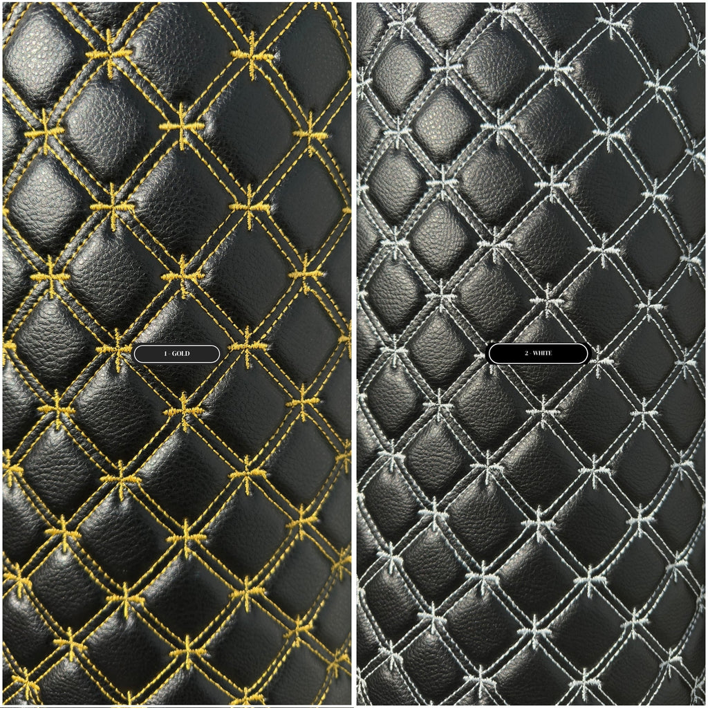 Tela de vinilo negro acolchado con cruz de copos de nieve dorados para tapicería de coche | Costura de 5 cm x 5 cm con refuerzo de espuma de 5 mm | 140 cm de ancho | Automotriz