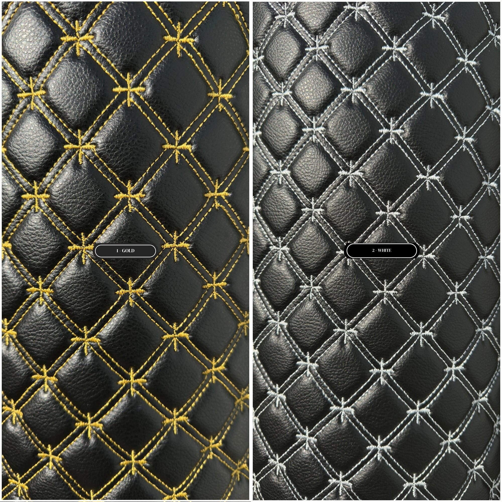 Tecido para estofos automóveis em vinil preto acolchoado com estampado de floco de neve roxo | Costura de 5 cm x 5 cm com base de espuma de 5 mm | 140 cm de largura | Automotivo